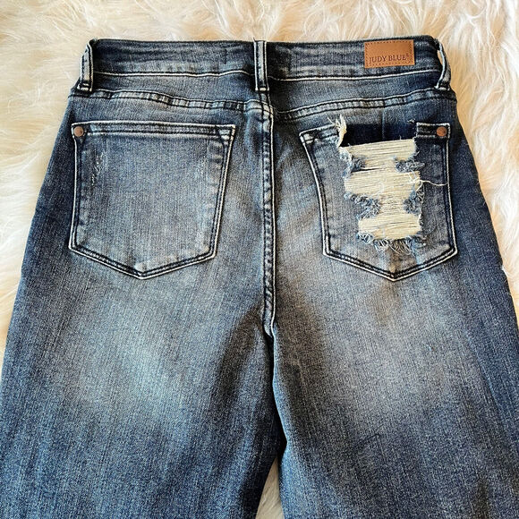 Judy Blue Jeans Womens 1/25 Blue Raw Hem Shelly High Rise Relaxed Fit Distressed - Picture 5 of 14